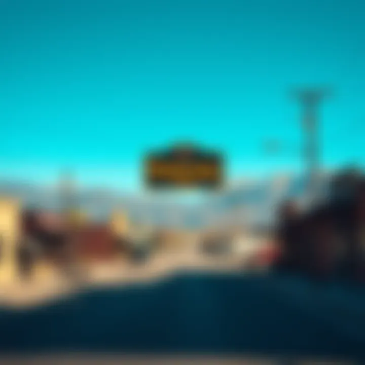 An empty street in a small town, with a sign reading Fettuccine, Utah, surrounded by mountains under a clear sky.