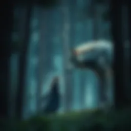 Feyre stands in a forest facing a large wolf, both looking cautious but not aggressive, symbolizing a moment of choice and understanding.