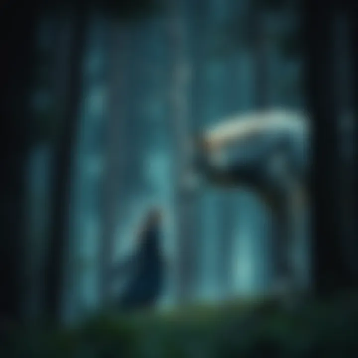 Feyre stands in a forest facing a large wolf, both looking cautious but not aggressive, symbolizing a moment of choice and understanding.