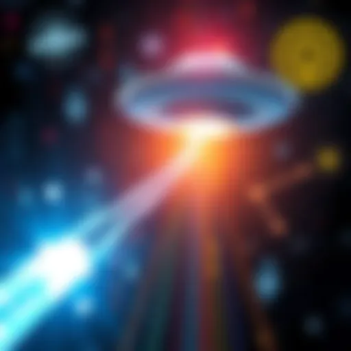 A fiber optic cable glowing with light, alongside UFO imagery and internet symbols, representing technology and mystery.