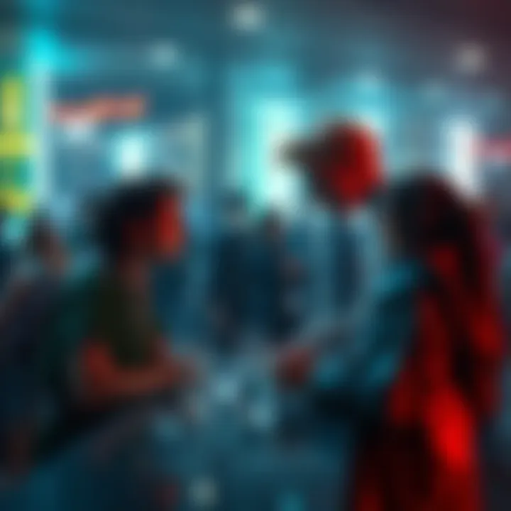 A visual representation of people engaging with fictional characters like Peter Pan and Slenderman in a creative setting.