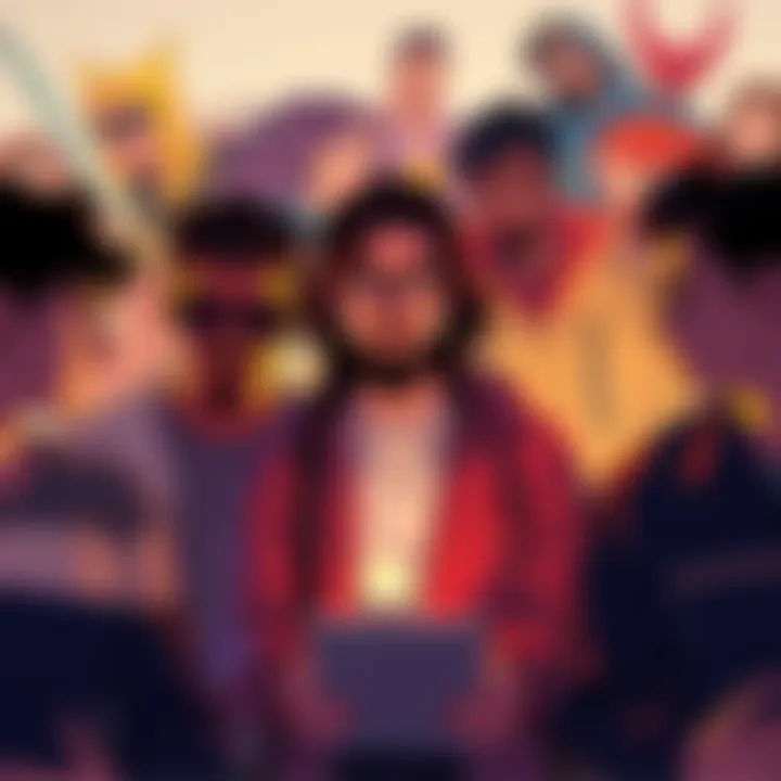 Fictional Characters Quiz People taking a quiz to find out which fictional character reflects their spirit, with colorful character illustrations in the background