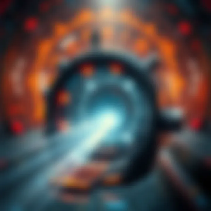 Fictional Time Machine A futuristic time machine with glowing controls and a dynamic design, set against a backdrop of swirling time portals.