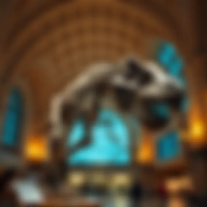 A large dinosaur skeleton on display in the Field Museum, showcasing its impressive size and structure.