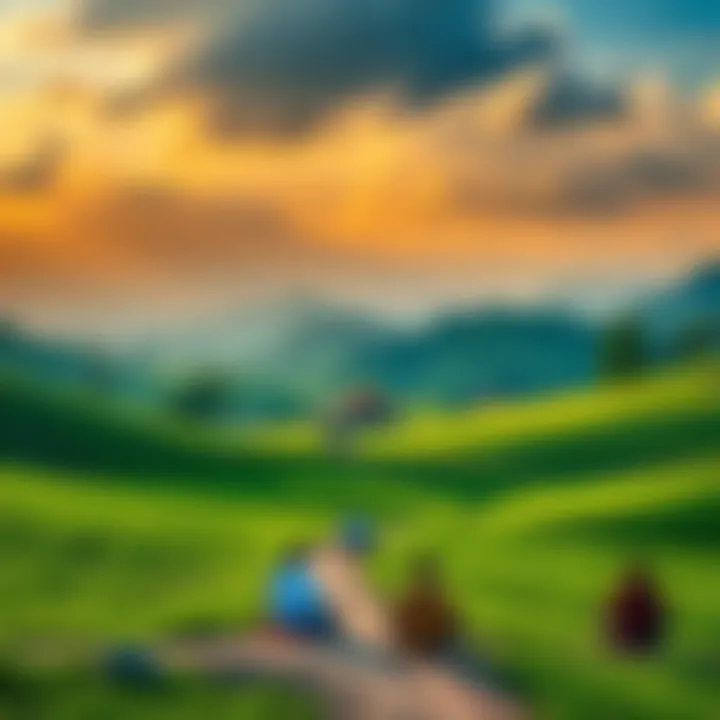 A serene landscape with practitioners engaged in meditation, symbolizing spiritual growth and community connection in the Gelug tradition.