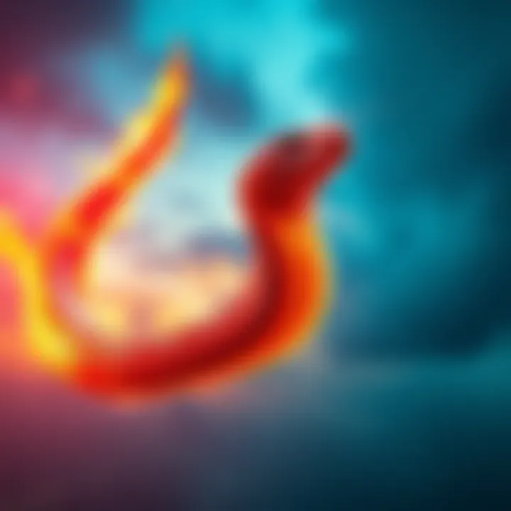 A depiction of the fiery flying snake, resembling a colorful serpent gliding through the sky, with vivid flames and a striking appearance.