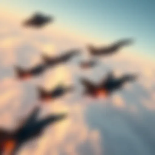 Thirteen fighter jets flying in formation with an unidentified flying object in the sky above them