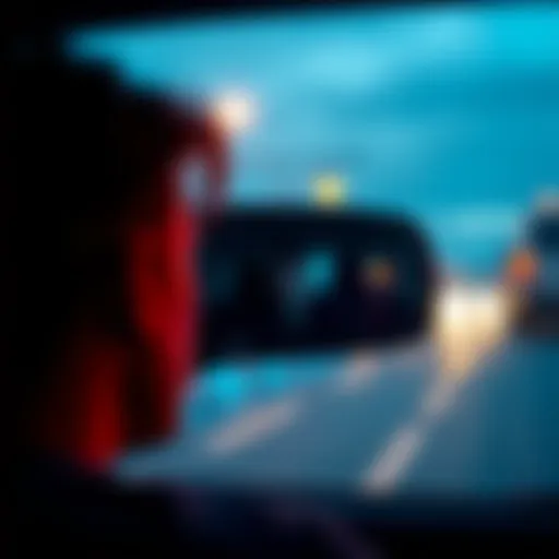 A person looks at a car mirror with a faint silhouette of a male figure reflected in it