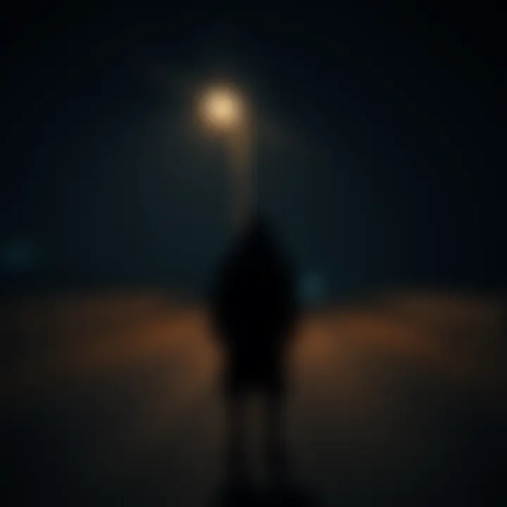 Figure Under Streetlight A dark figure stands motionless under a streetlight on a deserted road at night, surrounded by shadows.
