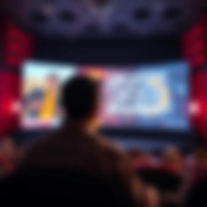 A person sitting in front of a large movie screen, pondering the impact of films on intelligence.