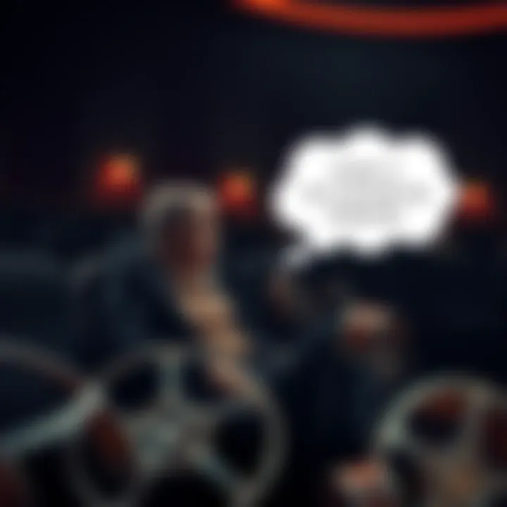 Film critique of Age of Disclosure A film critic sitting in a dark theater, looking disappointed while watching Age of Disclosure, with a thought bubble showing scattered old film reels