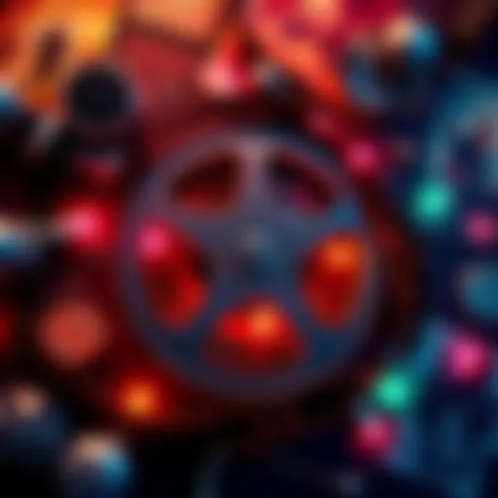 A film reel surrounded by classic movie posters and symbols of nostalgia, symbolizing the trend of remakes and reboots in cinema.