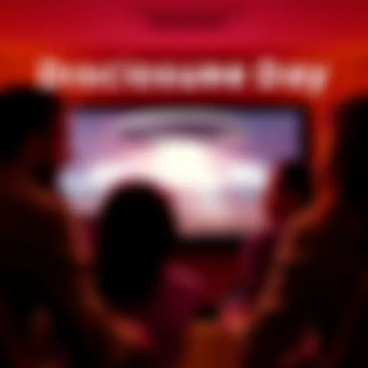 A dramatic scene from the film Disclosure Day showing people reacting to a supposed UFO sighting on screen, with expressions of surprise and curiosity.
