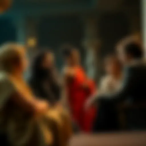 A dramatic scene from Christopher Nolan's 'The Odyssey' showcasing diverse characters engaging in conversation, reflecting on identity and culture.