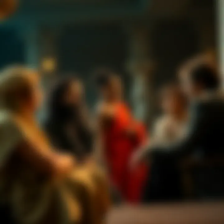A dramatic scene from Christopher Nolan's 'The Odyssey' showcasing diverse characters engaging in conversation, reflecting on identity and culture.