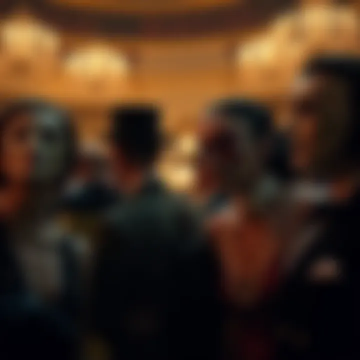 A scene from a masked ball in the film 'Eyes Wide Shut', showing people in elegant attire and masks, highlighting themes of secrecy and power.