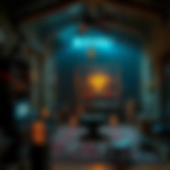 A dimly lit film set showing spooky decorations and props, hinting at a curse spell theme, with an eerie feeling in the air.