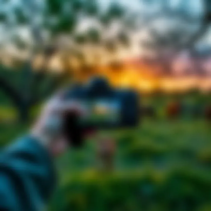 A person holding a camera to film a wildlife sighting in nature, with trees and wildlife in the background