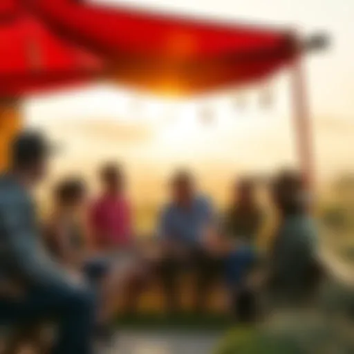 A group of cast members discussing filming plans for the next season of Secret of Skinwalker Ranch in a scenic outdoor location