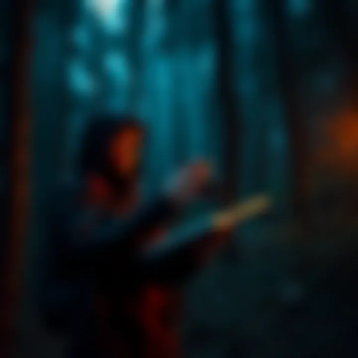 A film student researching skinwalker folklore in a dark forest with a notebook and camera, surrounded by mysterious shadows.