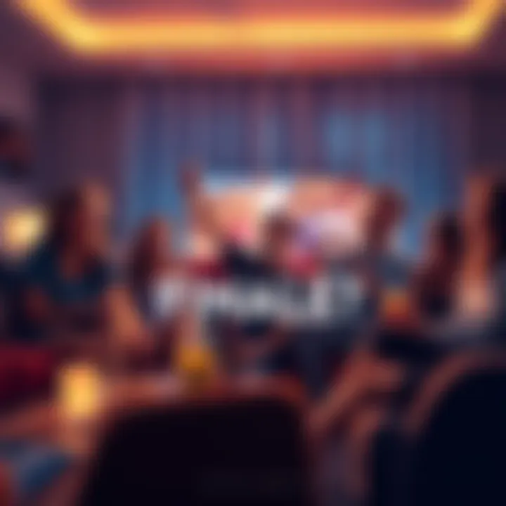 A group of friends joyfully watching the finale on a sofa, with snacks and drinks around them.