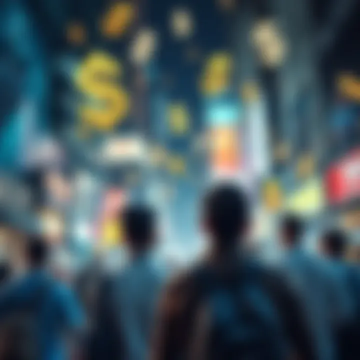 People in a busy city street looking confused as financial symbols like dollar signs swirl around them