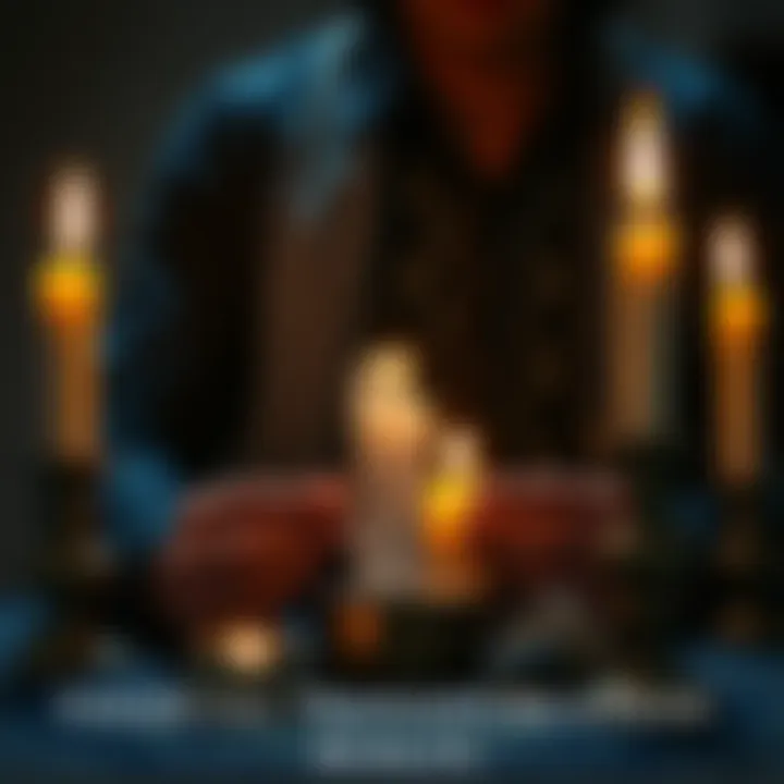 A person performing a financial ritual with candles and crystals, symbolizing protection and transformation in finances.