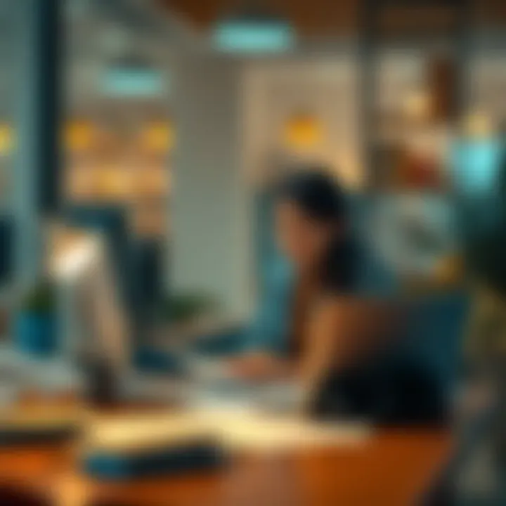 Individual sitting at a desk with papers and a laptop, looking for financial assistance