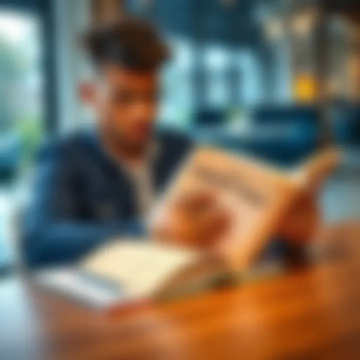 A person reading a book about financial support strategies while sitting at a table with a notebook and pen.