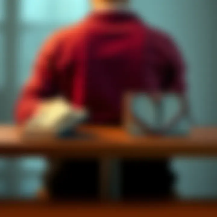 A person sitting at a table with empty wallets on one side and a broken heart symbol on the other, representing financial and relationship challenges.