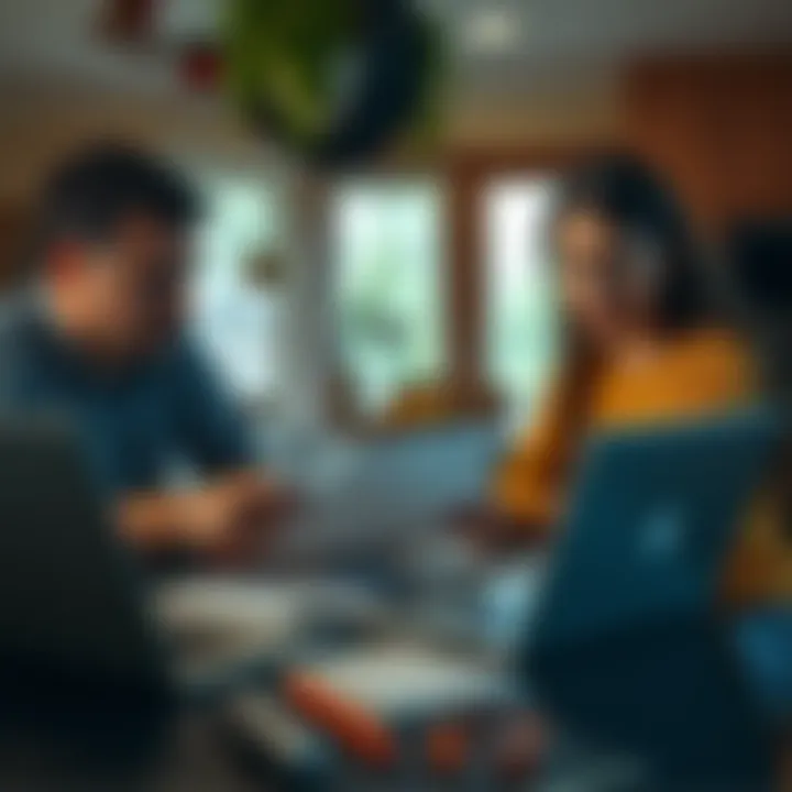 A family looking concerned while reviewing bills and financial documents at a kitchen table, with a laptop open showing decreasing charts.
