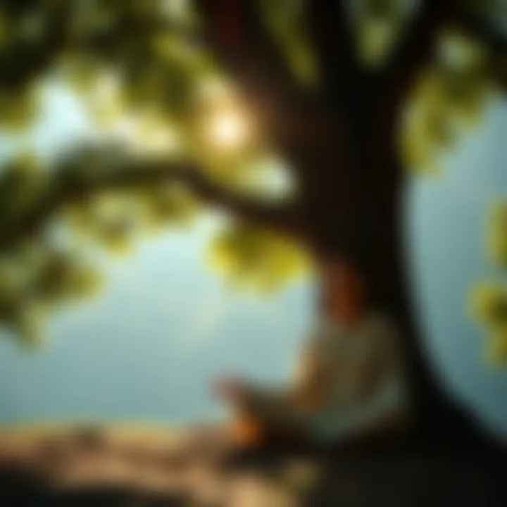 A serene scene of a person meditating under a tree, symbolizing the search for a qualified Vedanta teacher, with sunlight filtering through the leaves.