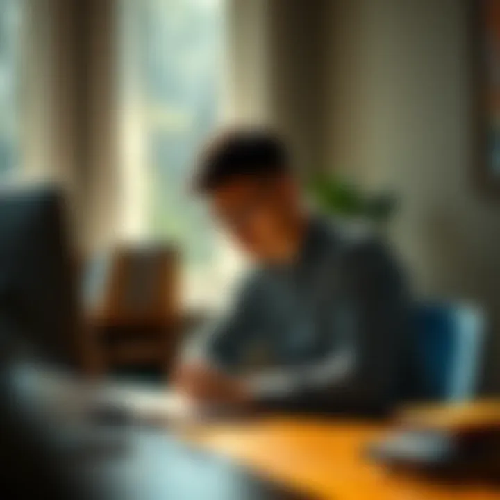 A person sitting at a desk with a notebook, looking thoughtful while contemplating their feelings, surrounded by soft natural light.