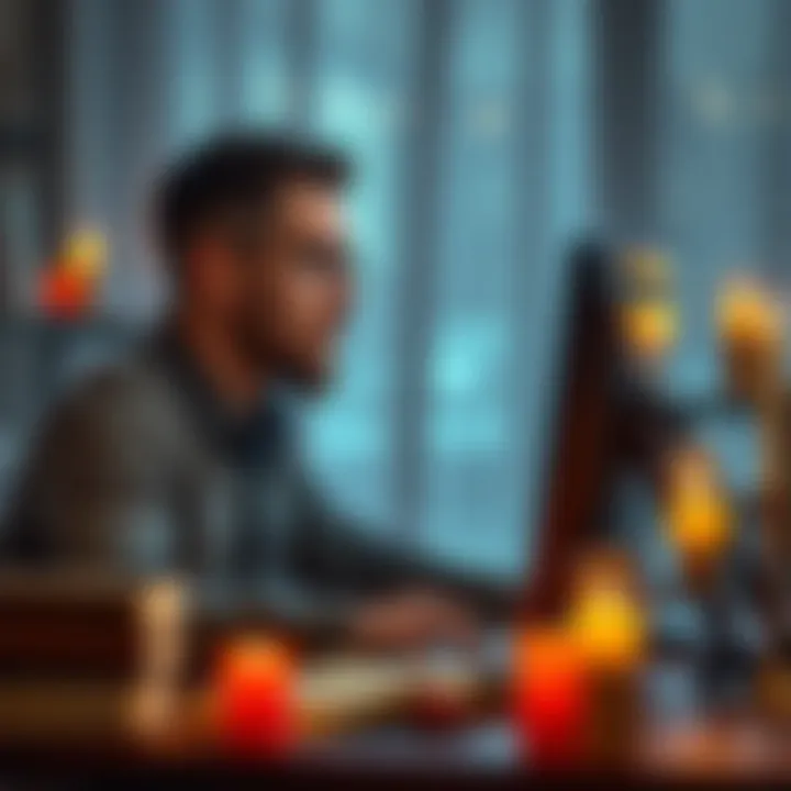 A person sitting at a computer, looking thoughtful while researching pagan religions on online forums, with books and candles nearby.