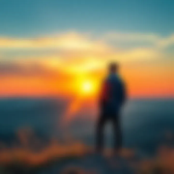 A person standing in a serene landscape, looking towards the horizon, symbolizing hope and new beginnings after grief.