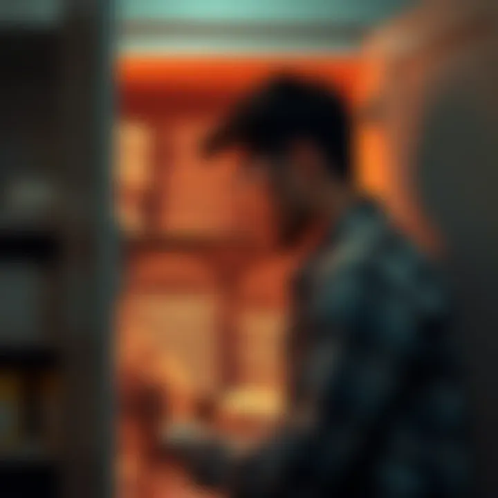 A person searching through a cabinet for paper plates, hearing a guiding voice.