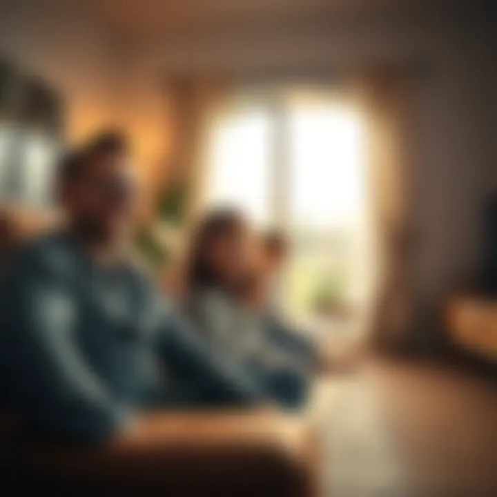 A person smiles while spending time with family in a cozy living room, symbolizing contentment and a simple life.