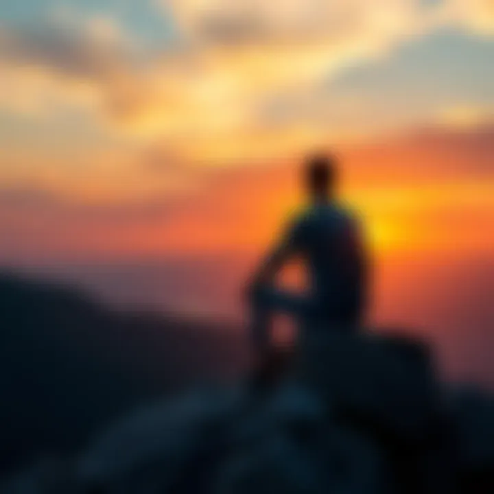 A person sitting on a rock, looking out at a sunset, symbolizing reflection during tough times