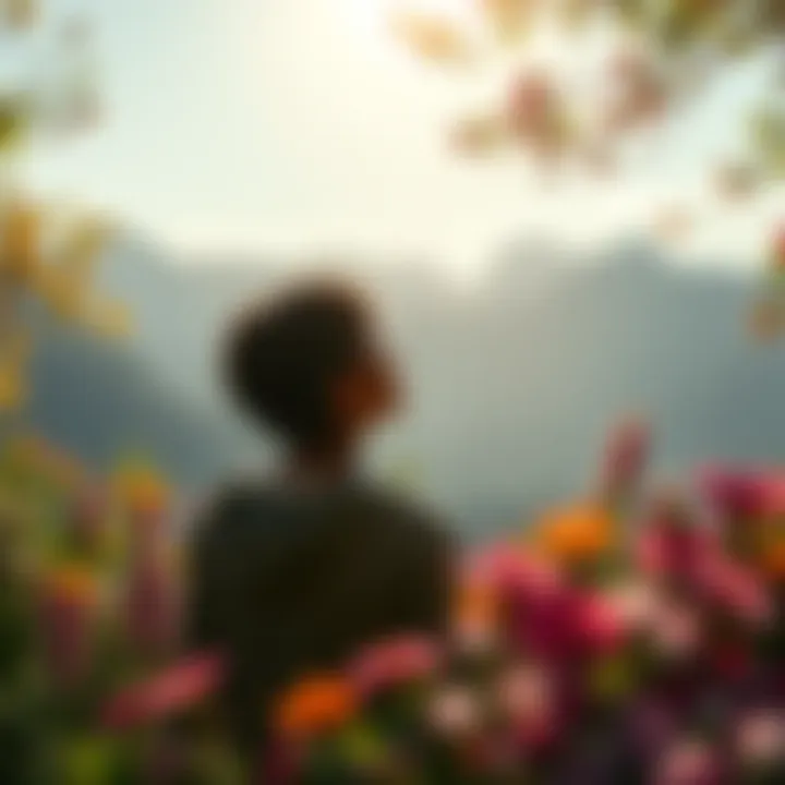 A serene scene of a person enjoying nature, surrounded by flowers and sunlight, representing hope and healing amidst challenges.