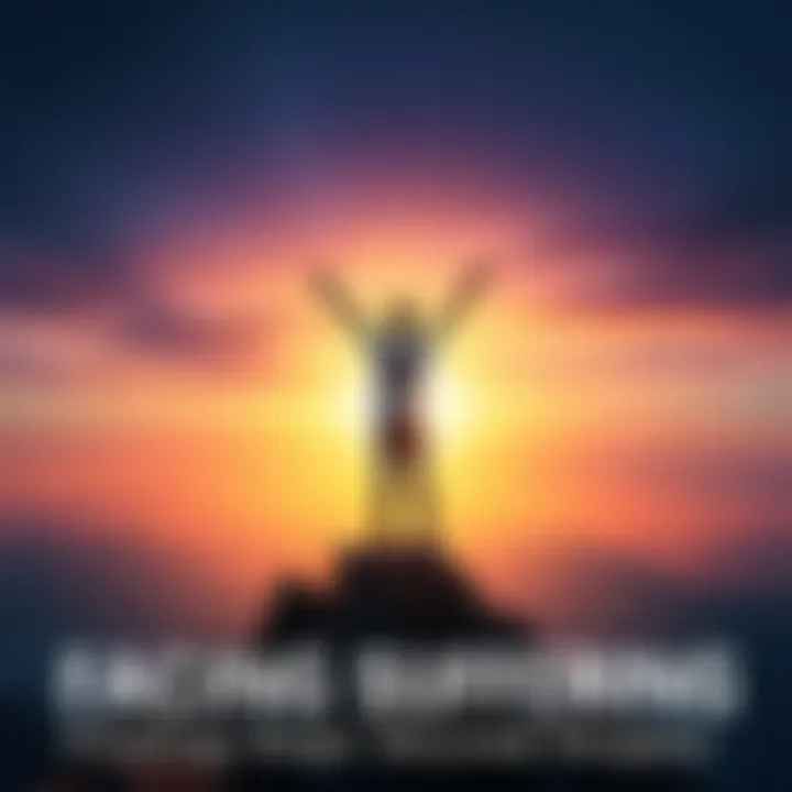 A person standing on a mountain top with arms raised, looking towards a bright sunrise, symbolizing hope and resilience after hardship.