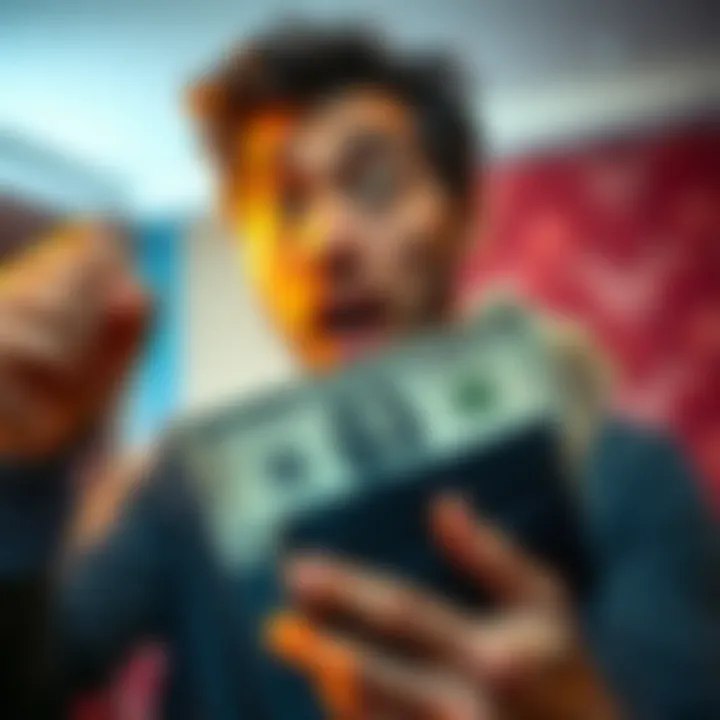 A person looking surprised while holding a three-dollar bill and a unique bill with an equal sign in a wallet