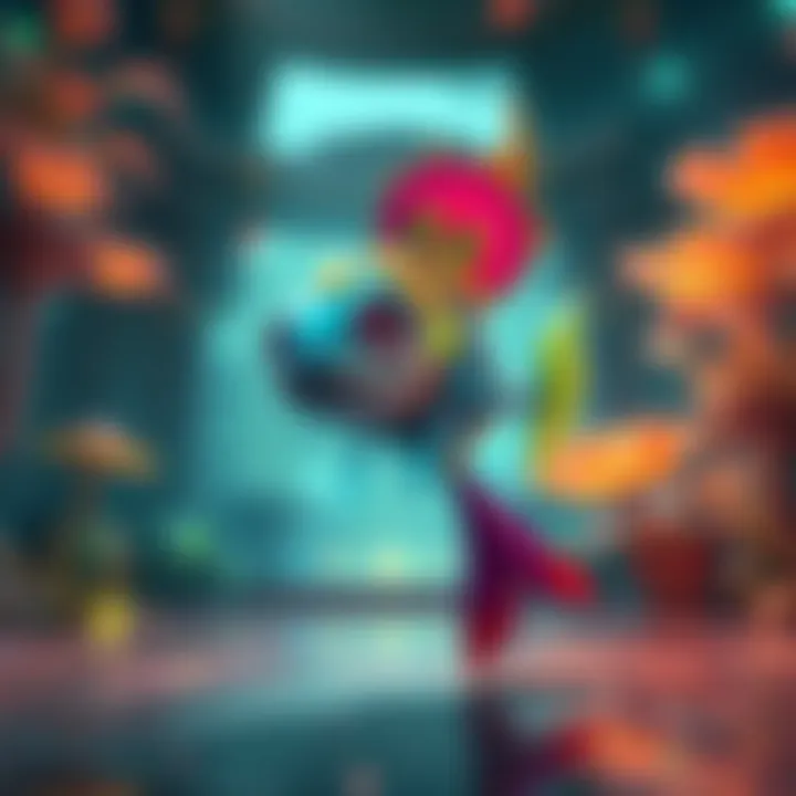 Finli, a colorful alien fish wearing ceremonial robes, swimming in an underwater temple, surrounded by glowing sea plants and helping Moonki with tasks.