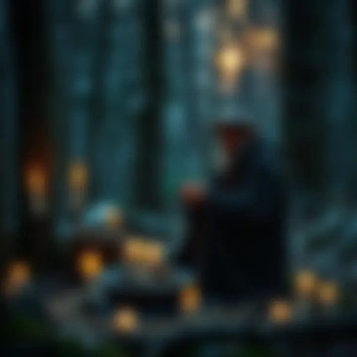 A Finnish pagan performing a ritual with local nature elements and Norse symbols, surrounded by trees and candles.