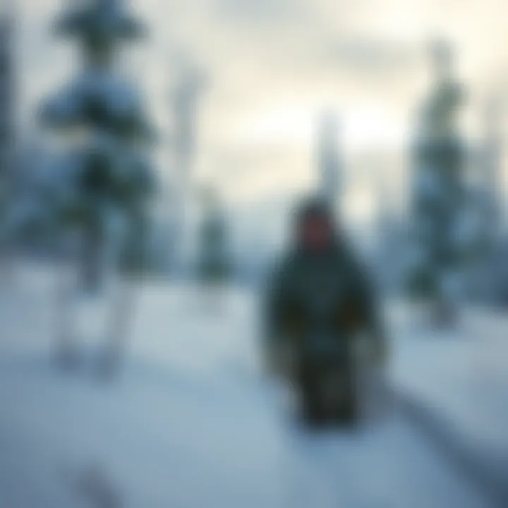 Finnish soldier in Arctic wilderness Aimo Koivunen trudging through deep snow in the Arctic, wearing military gear and looking determined, surrounded by snow-covered trees and a stark, cold landscape.
