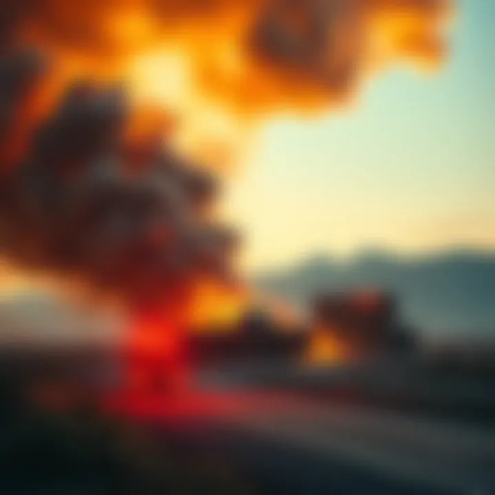Thick smoke rising from a fire at Area 51, emergency services responding nearby