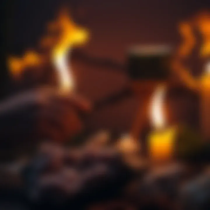 Fire in Rituals A person using a candle flame during a spell ritual, surrounded by herbs and crystals.