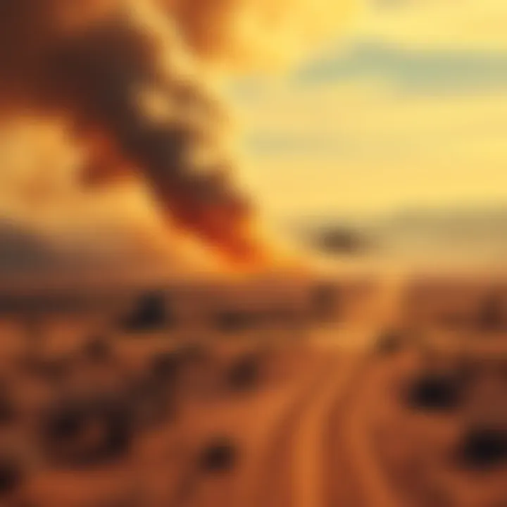 A large fire burning near Area 51 with smoke rising, surrounded by barren desert landscape.