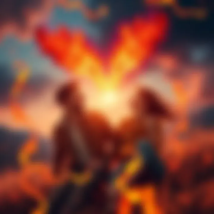 Fire and Air Signs in Love A couple representing Leo and Aries enjoying an adventure together, surrounded by symbolic fire and air elements.