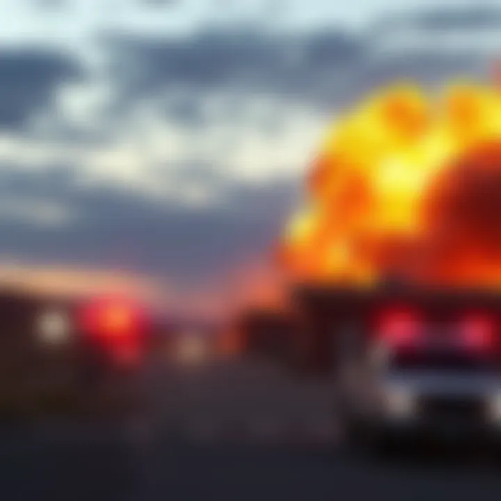 Flames and smoke rising from a structure at Area 51, with emergency vehicles nearby