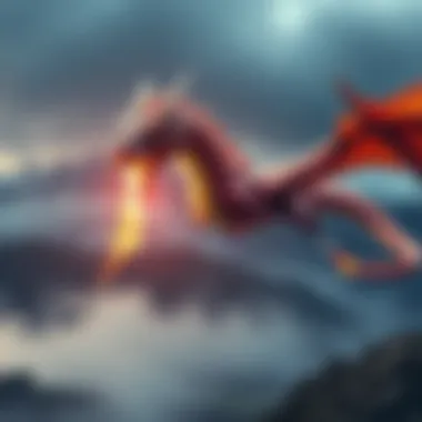 A colorful fire-breathing dragon soaring over a misty landscape, flames erupting from its mouth.